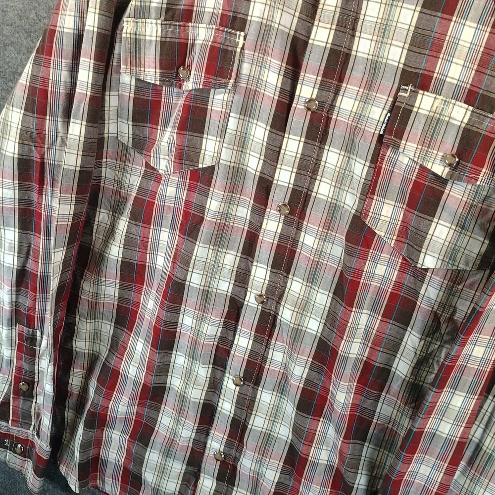 Levi's Shirt Men XL Red Beige Plaid‎ Flannel Western Pearl Snap Double Pocket